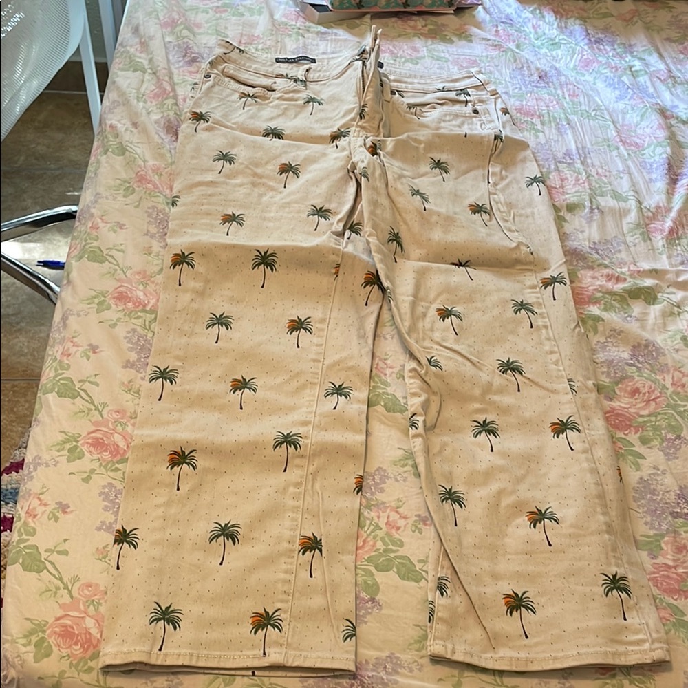 Beige Palm Tree Print Pants